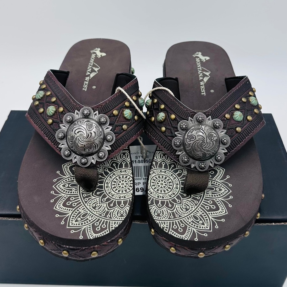 Montana West Flip Flop Sandals Womens 7 Brown Concho Studded NEW